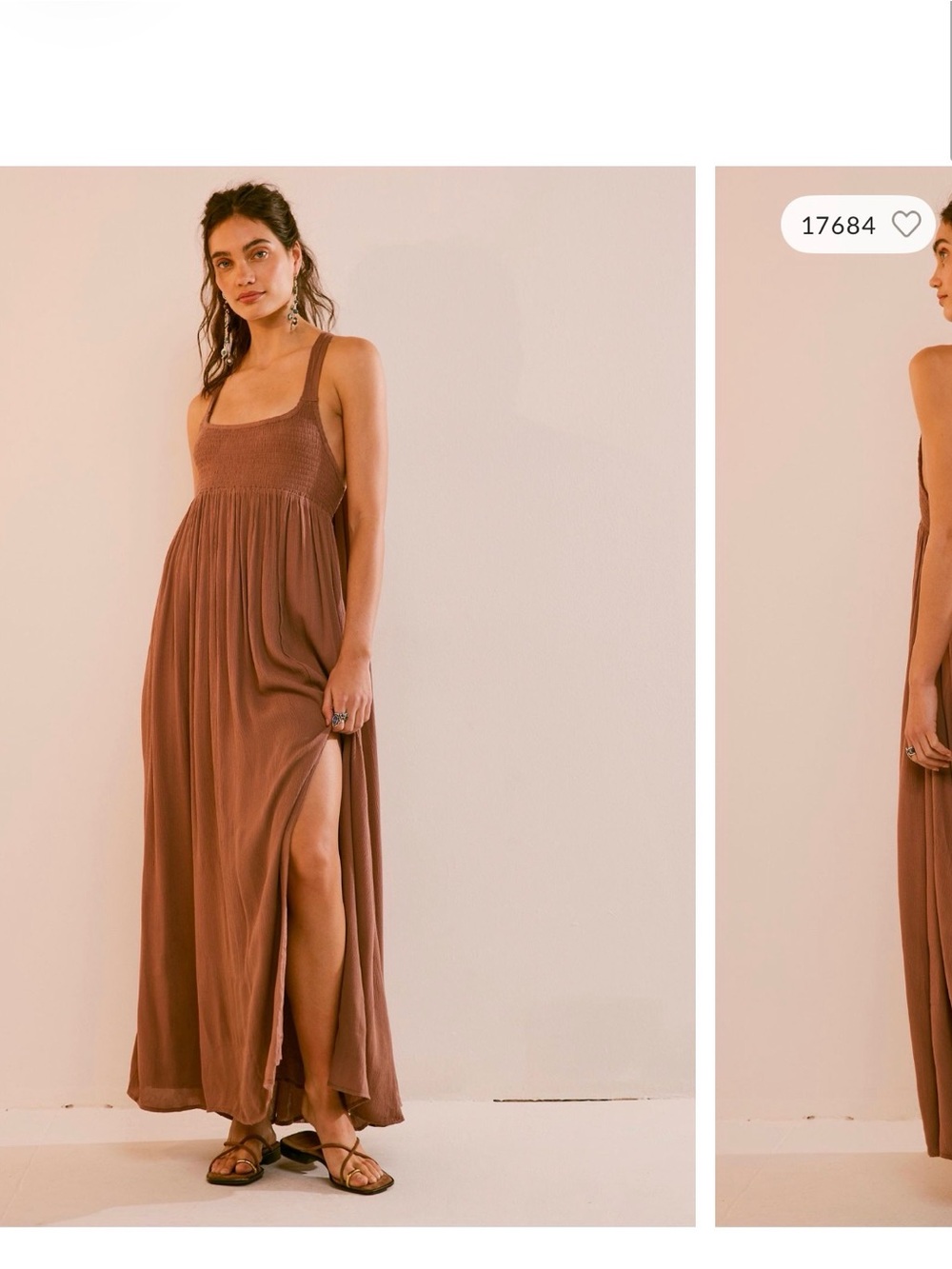 Free People Rust Brown Smocked Maxi Dress with Side Slit